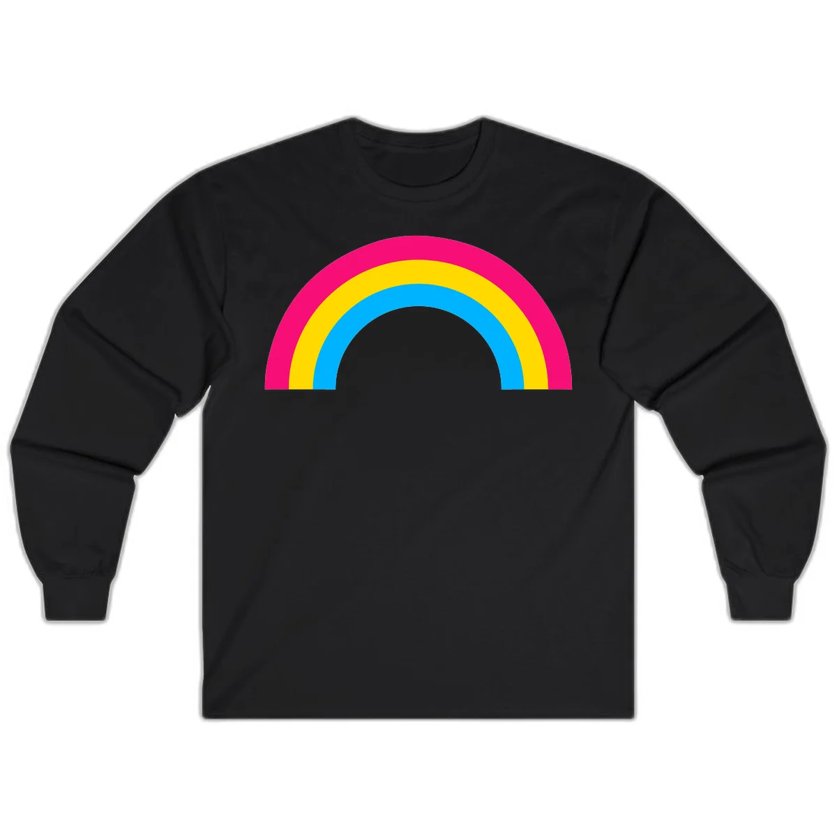 Concentric rainbow stripes in magenta, yellow, and cyan forming a classic arc design on gray background in Black