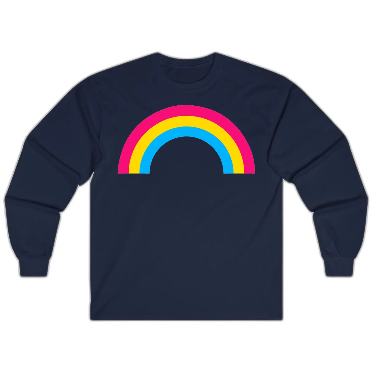 Concentric rainbow stripes in magenta, yellow, and cyan forming a classic arc design on gray background in Navy