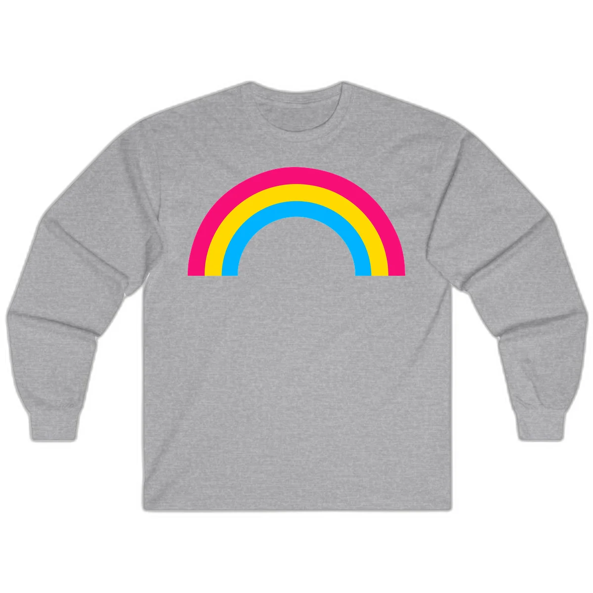 Concentric rainbow stripes in magenta, yellow, and cyan forming a classic arc design on gray background in Sport Grey