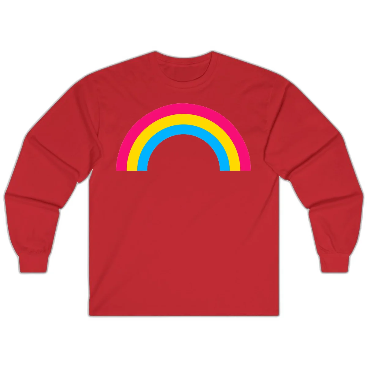 Concentric rainbow stripes in magenta, yellow, and cyan forming a classic arc design on gray background in Red