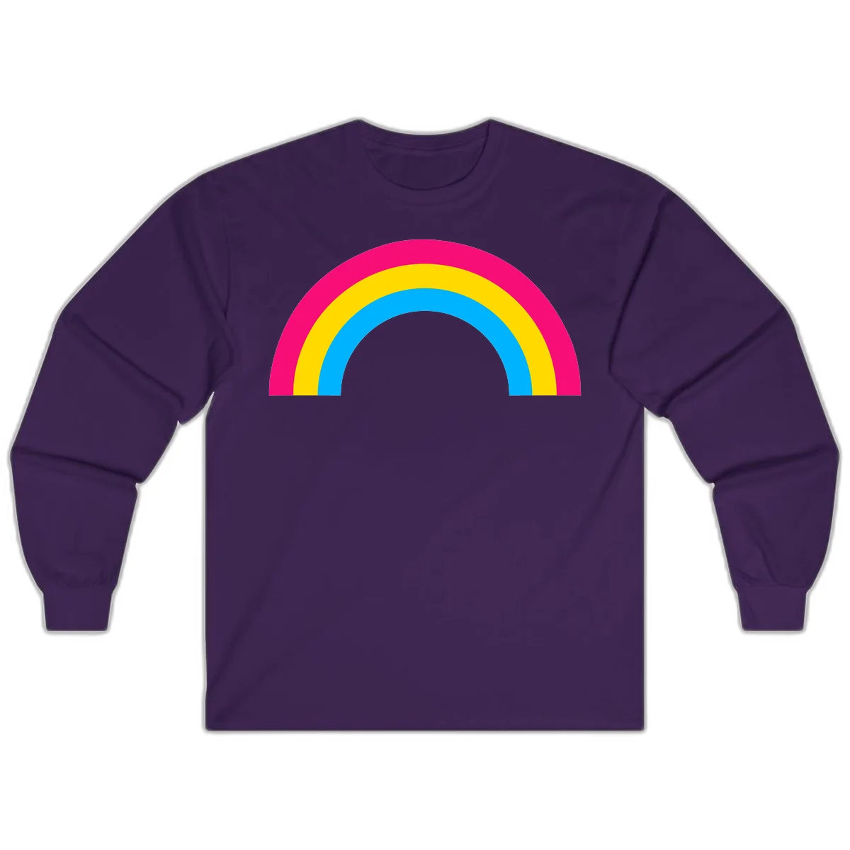 Concentric rainbow stripes in magenta, yellow, and cyan forming a classic arc design on gray background in Purple