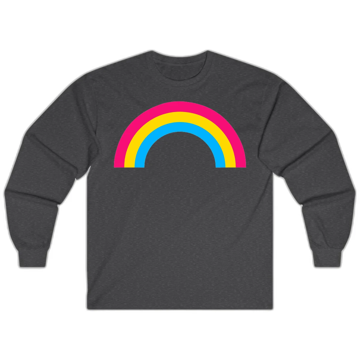 Concentric rainbow stripes in magenta, yellow, and cyan forming a classic arc design on gray background in Dark Heather