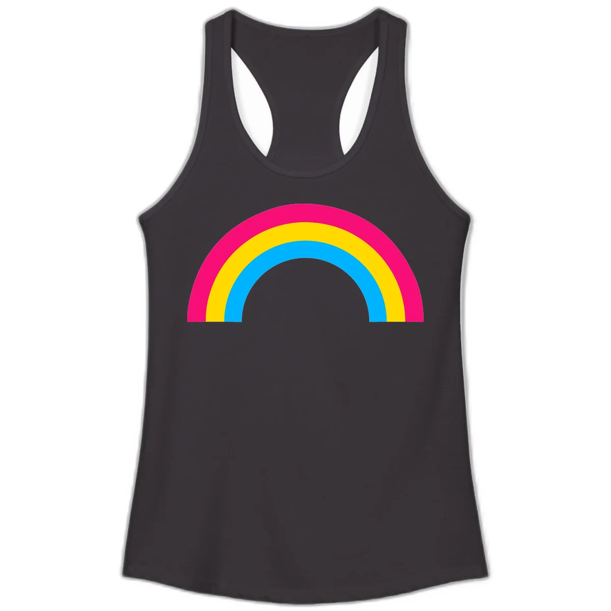 Concentric rainbow stripes in magenta, yellow, and cyan forming a classic arc design on gray background in Black