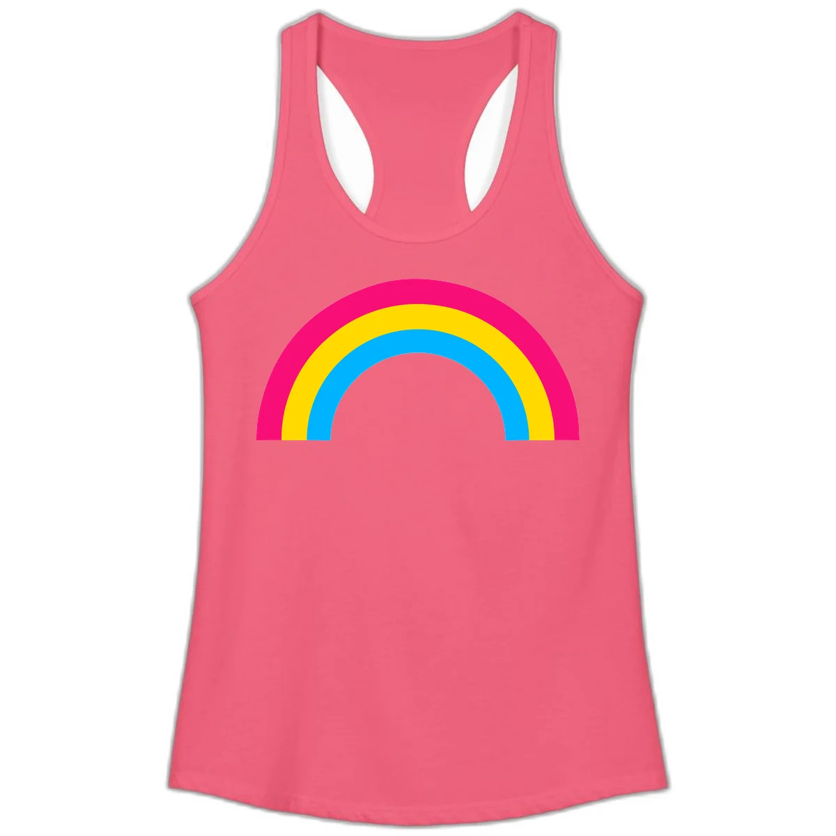 Concentric rainbow stripes in magenta, yellow, and cyan forming a classic arc design on gray background in Hot Pink