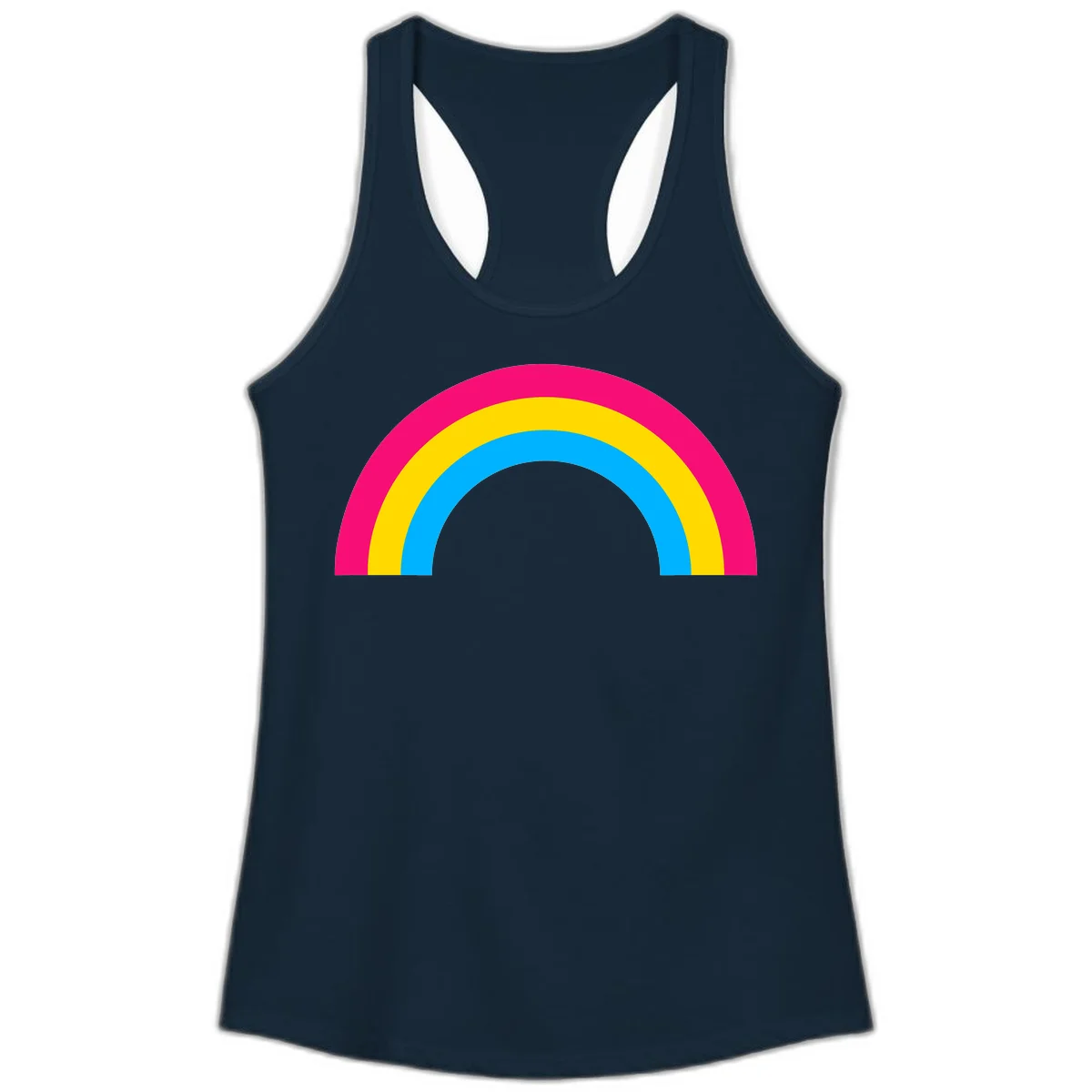 Concentric rainbow stripes in magenta, yellow, and cyan forming a classic arc design on gray background in Solid Midnight Navy