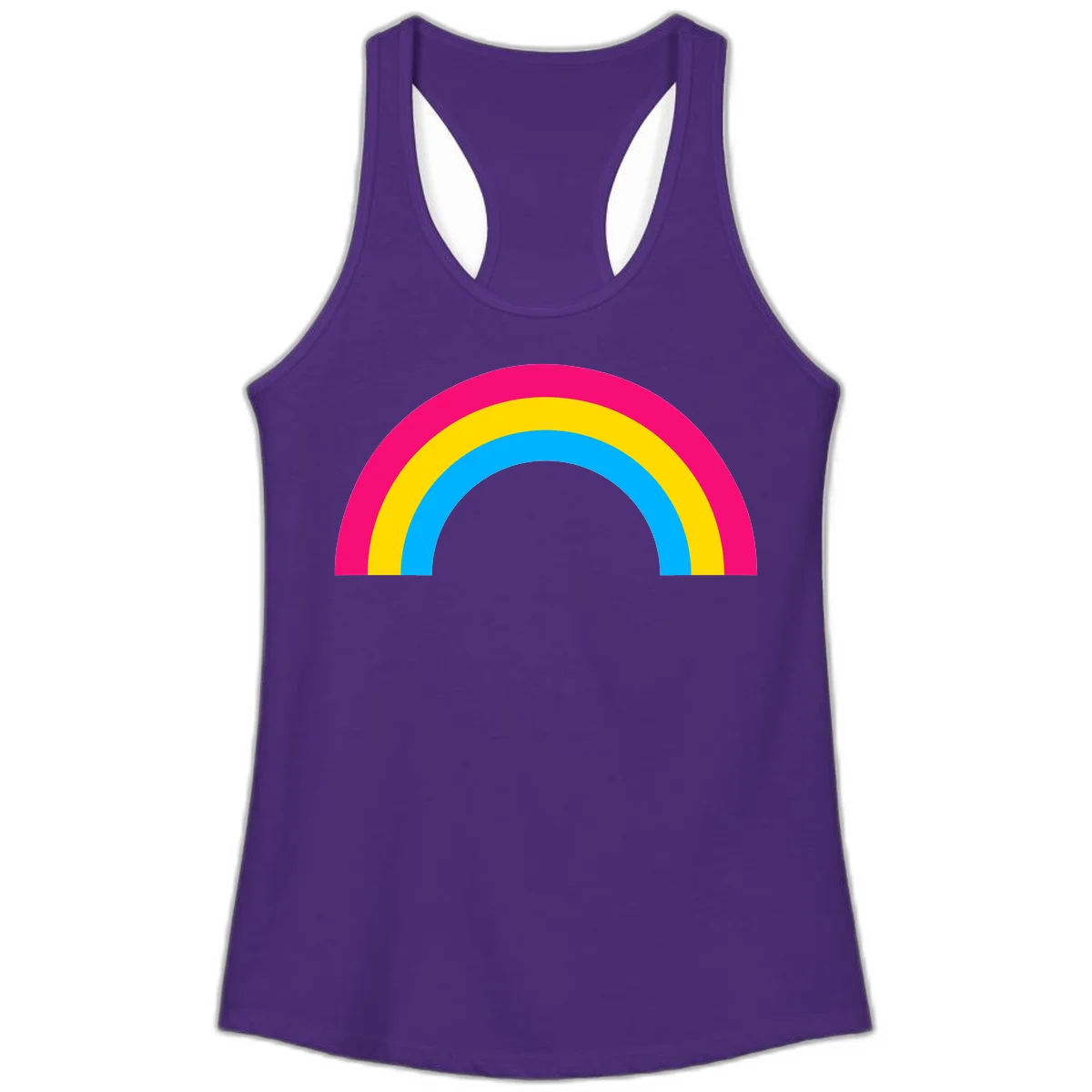 Concentric rainbow stripes in magenta, yellow, and cyan forming a classic arc design on gray background in Solid Purple Rush