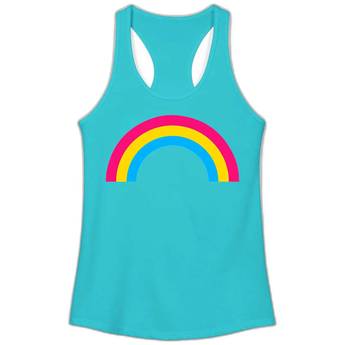Concentric rainbow stripes in magenta, yellow, and cyan forming a classic arc design on gray background in Solid Tahiti Blue