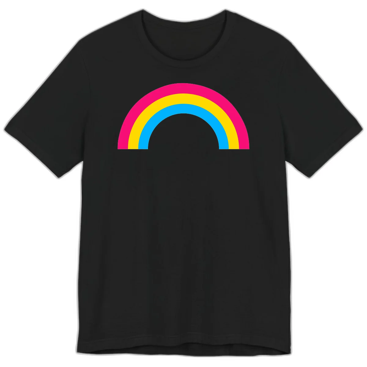 Concentric rainbow stripes in magenta, yellow, and cyan forming a classic arc design on gray background in Black