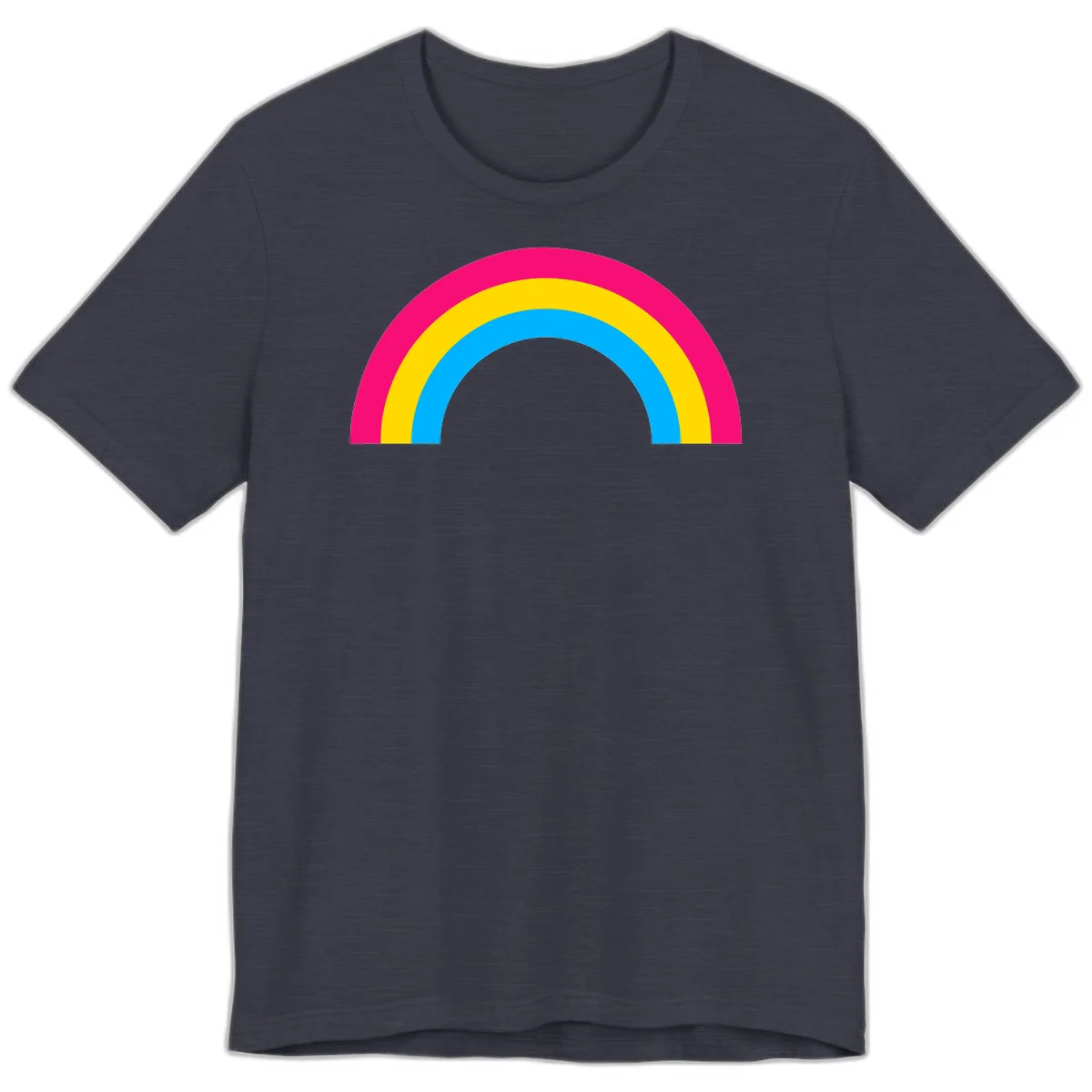 Concentric rainbow stripes in magenta, yellow, and cyan forming a classic arc design on gray background in Heather Midnight Navy