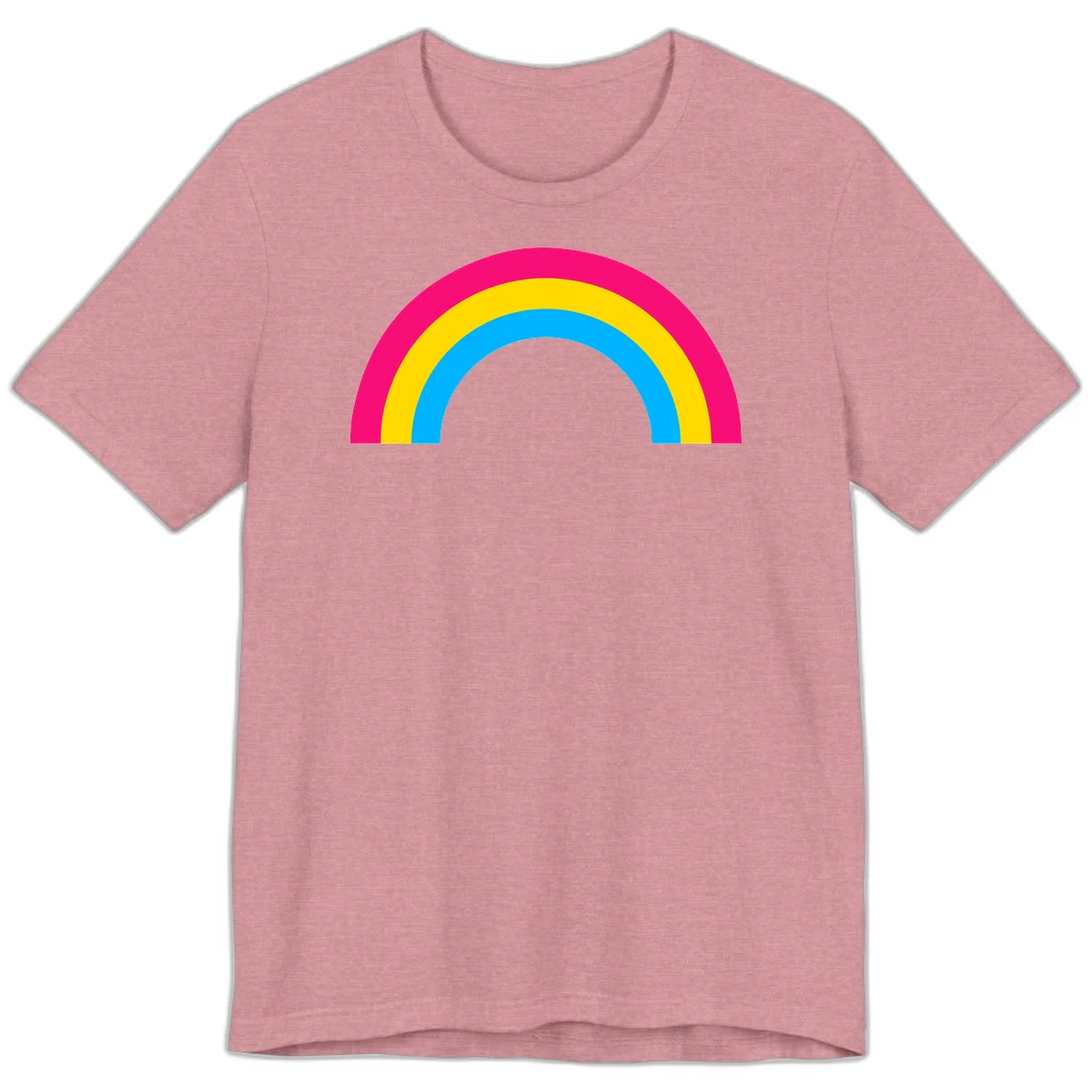 Concentric rainbow stripes in magenta, yellow, and cyan forming a classic arc design on gray background in Heather Orchid