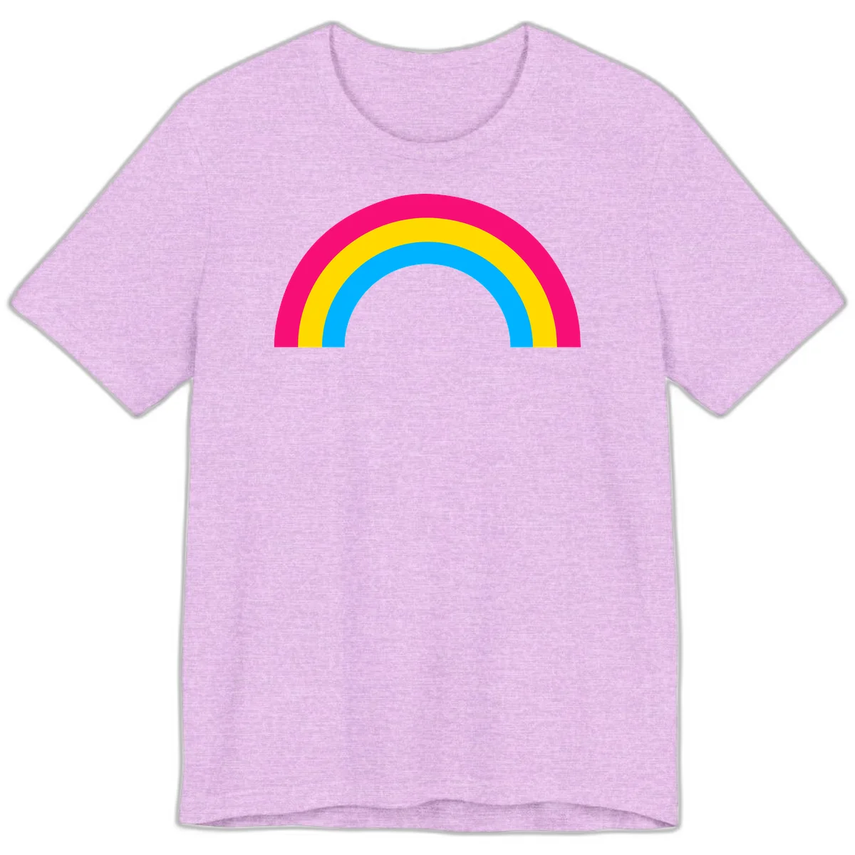 Concentric rainbow stripes in magenta, yellow, and cyan forming a classic arc design on gray background in Heather Prism Lilac