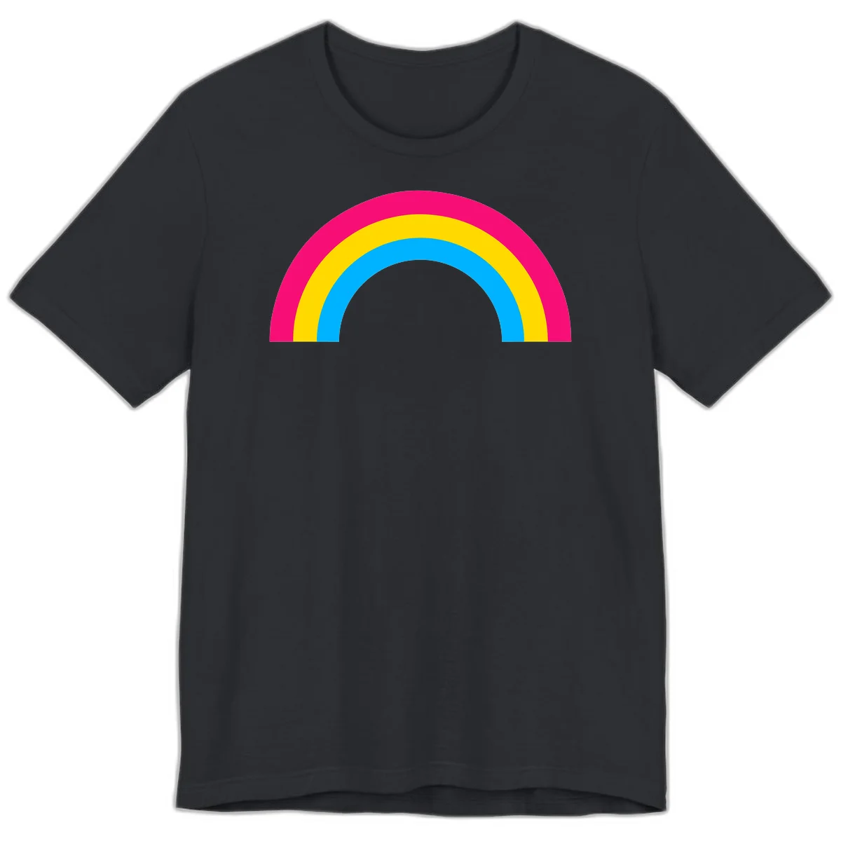 Concentric rainbow stripes in magenta, yellow, and cyan forming a classic arc design on gray background in Vintage Black