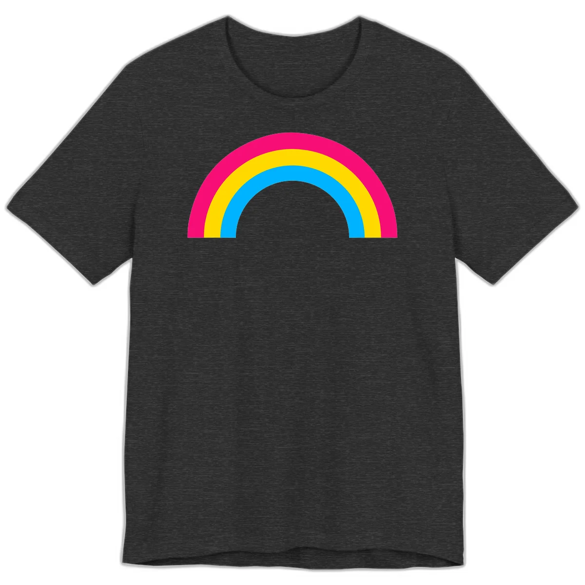 Concentric rainbow stripes in magenta, yellow, and cyan forming a classic arc design on gray background in Dark Grey Heather
