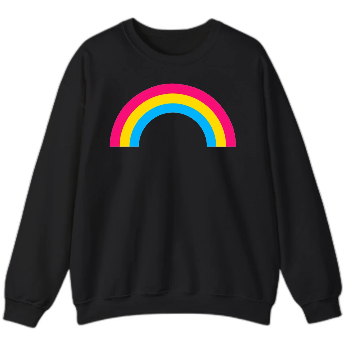 Concentric rainbow stripes in magenta, yellow, and cyan forming a classic arc design on gray background in Black