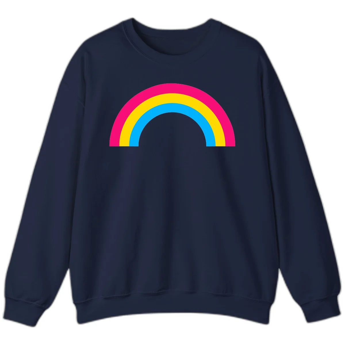 Concentric rainbow stripes in magenta, yellow, and cyan forming a classic arc design on gray background in Navy