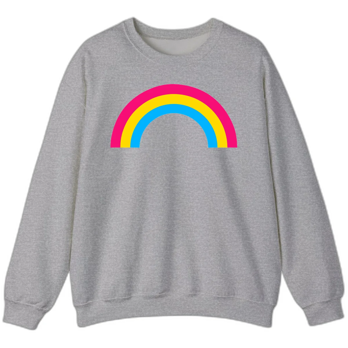 Concentric rainbow stripes in magenta, yellow, and cyan forming a classic arc design on gray background in Sport Grey