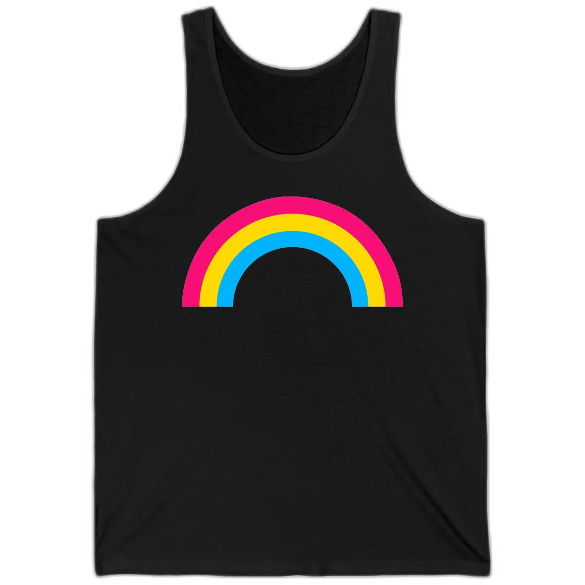 Concentric rainbow stripes in magenta, yellow, and cyan forming a classic arc design on gray background in Black