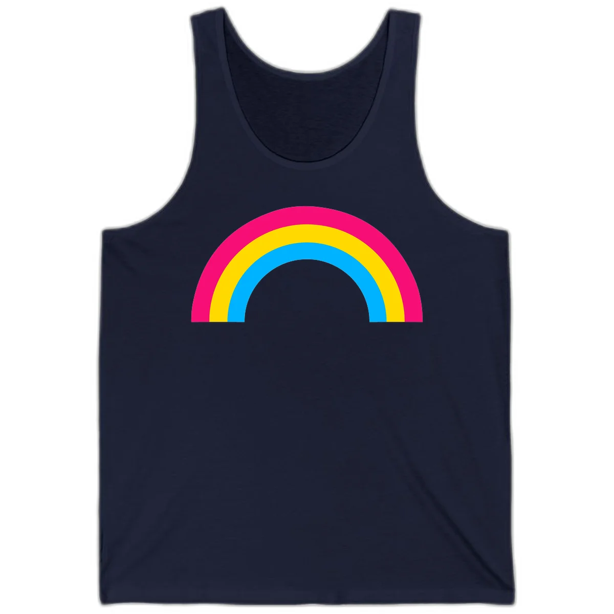 Concentric rainbow stripes in magenta, yellow, and cyan forming a classic arc design on gray background in Navy