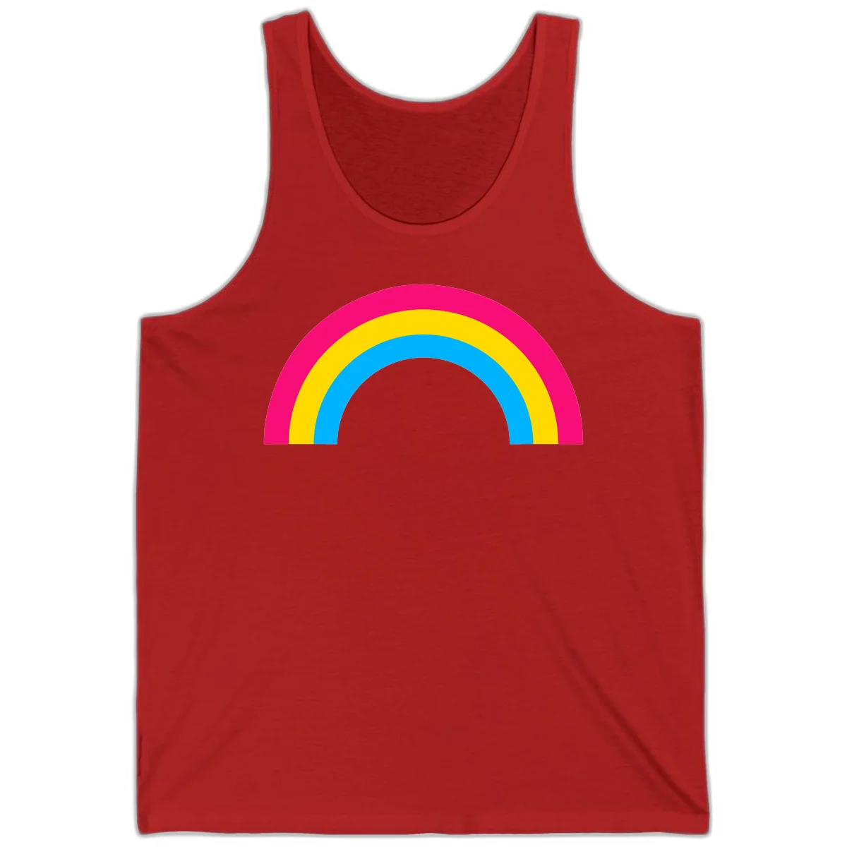 Concentric rainbow stripes in magenta, yellow, and cyan forming a classic arc design on gray background in Red