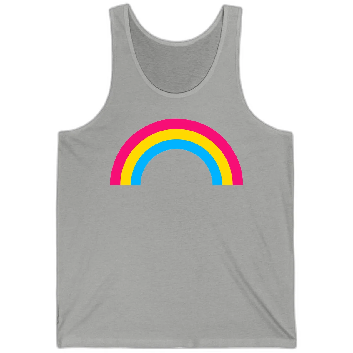 Concentric rainbow stripes in magenta, yellow, and cyan forming a classic arc design on gray background in Athletic Heather