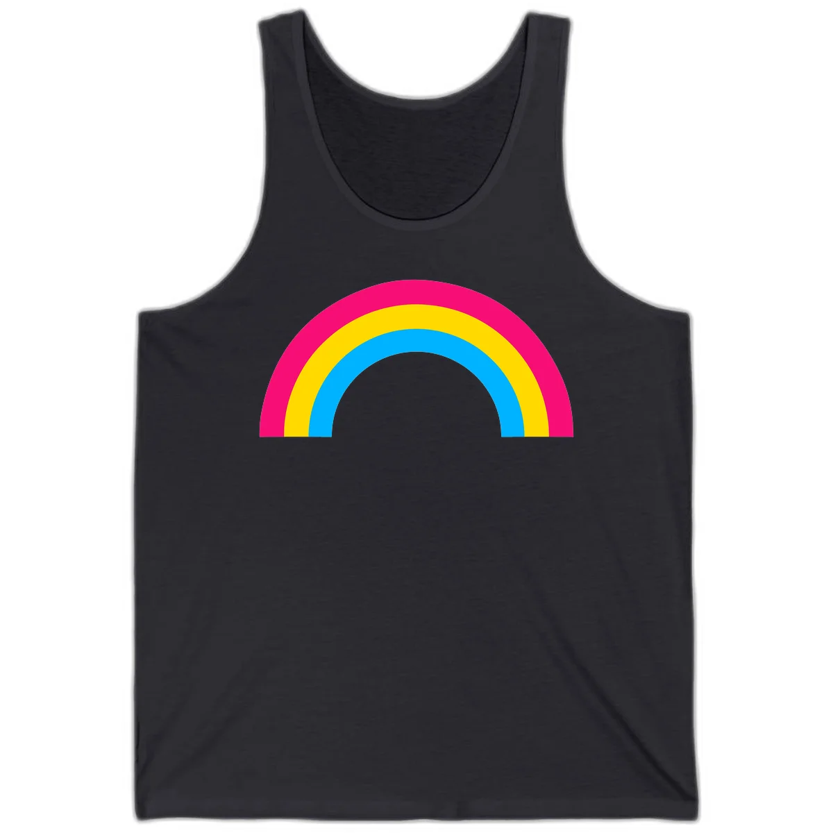 Concentric rainbow stripes in magenta, yellow, and cyan forming a classic arc design on gray background in Dark Grey