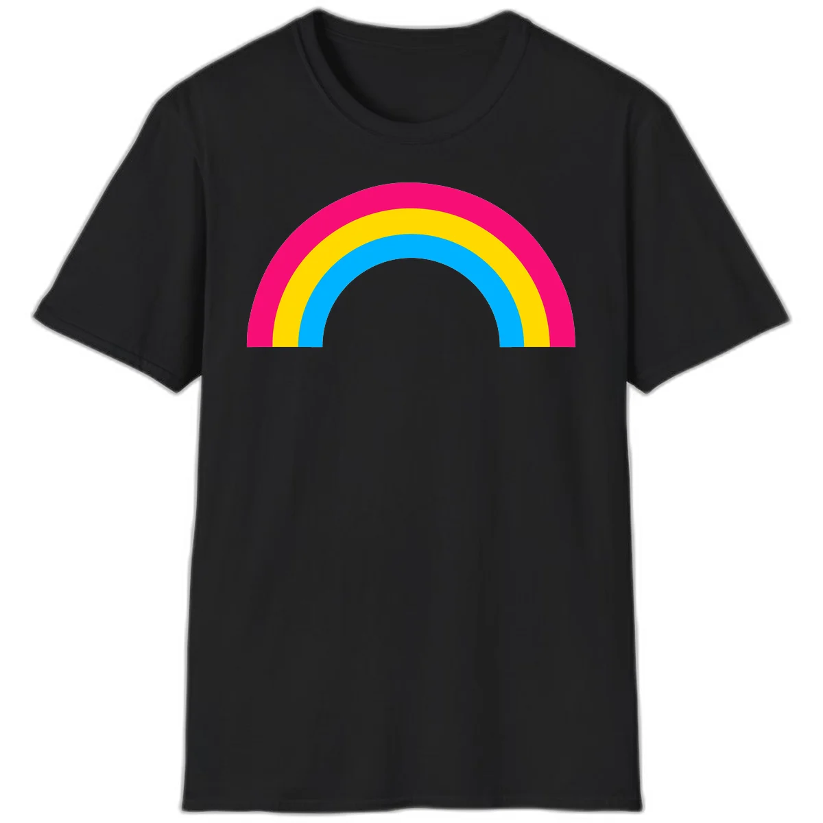 Concentric rainbow stripes in magenta, yellow, and cyan forming a classic arc design on gray background in Black