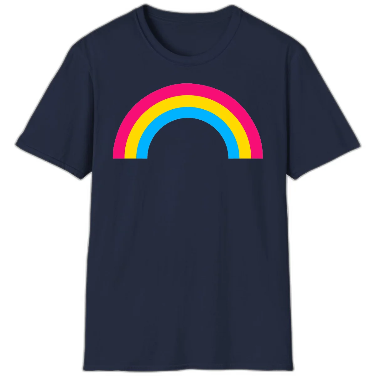 Concentric rainbow stripes in magenta, yellow, and cyan forming a classic arc design on gray background in Navy