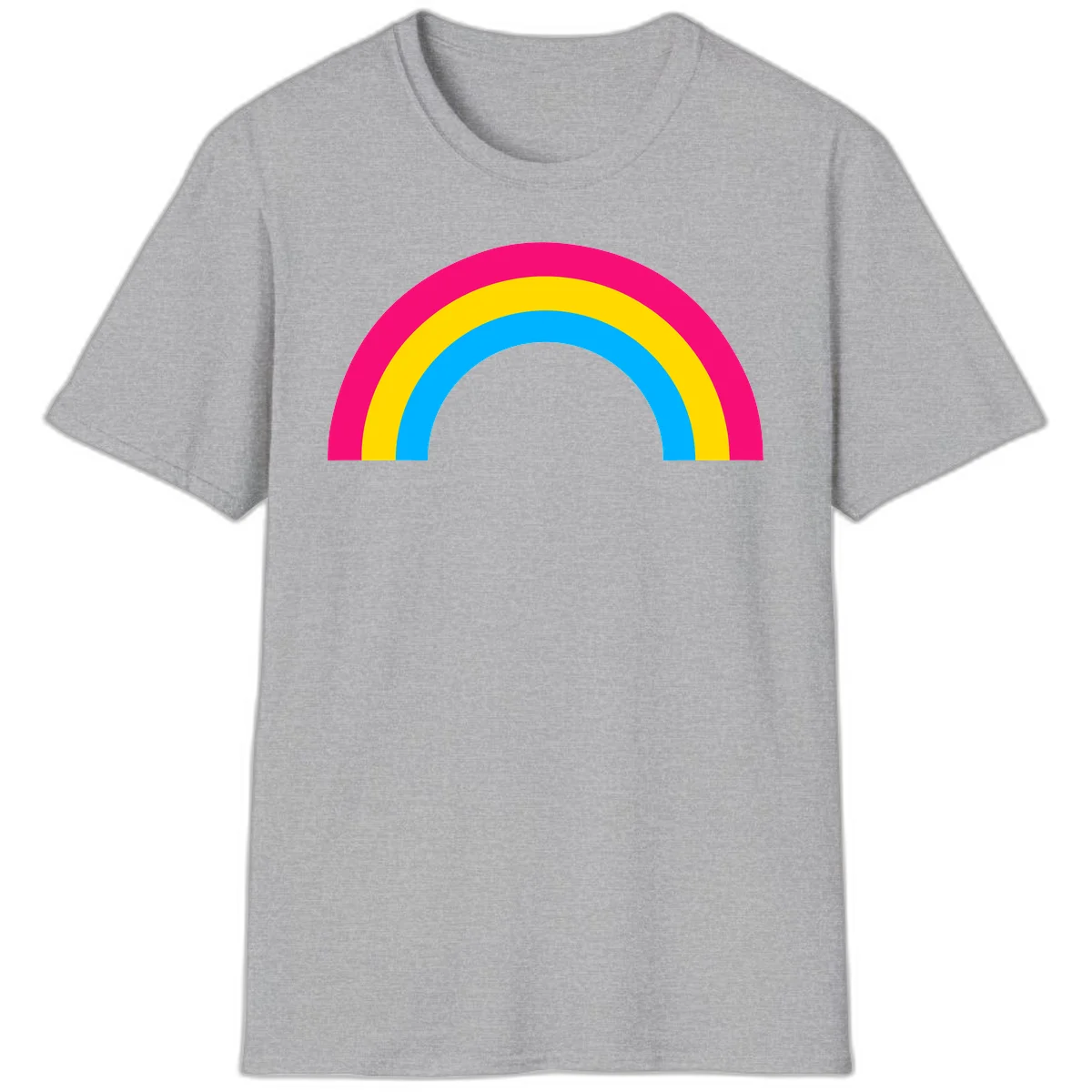 Concentric rainbow stripes in magenta, yellow, and cyan forming a classic arc design on gray background in Sport Grey
