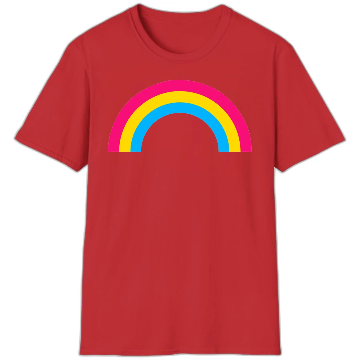 Concentric rainbow stripes in magenta, yellow, and cyan forming a classic arc design on gray background in Red