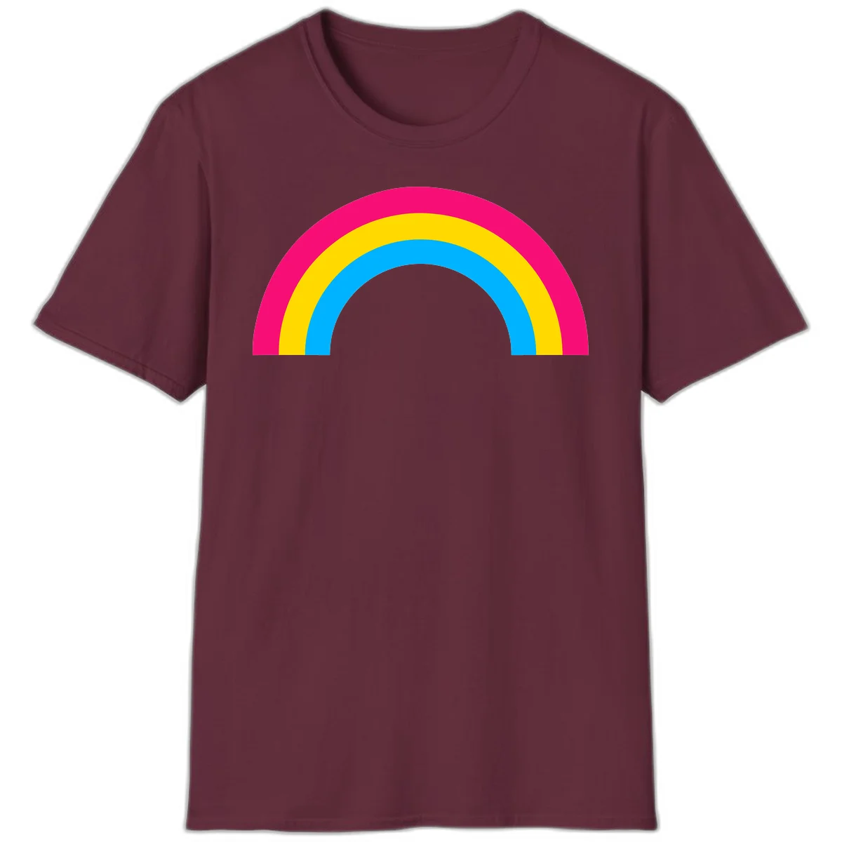 Concentric rainbow stripes in magenta, yellow, and cyan forming a classic arc design on gray background in Maroon