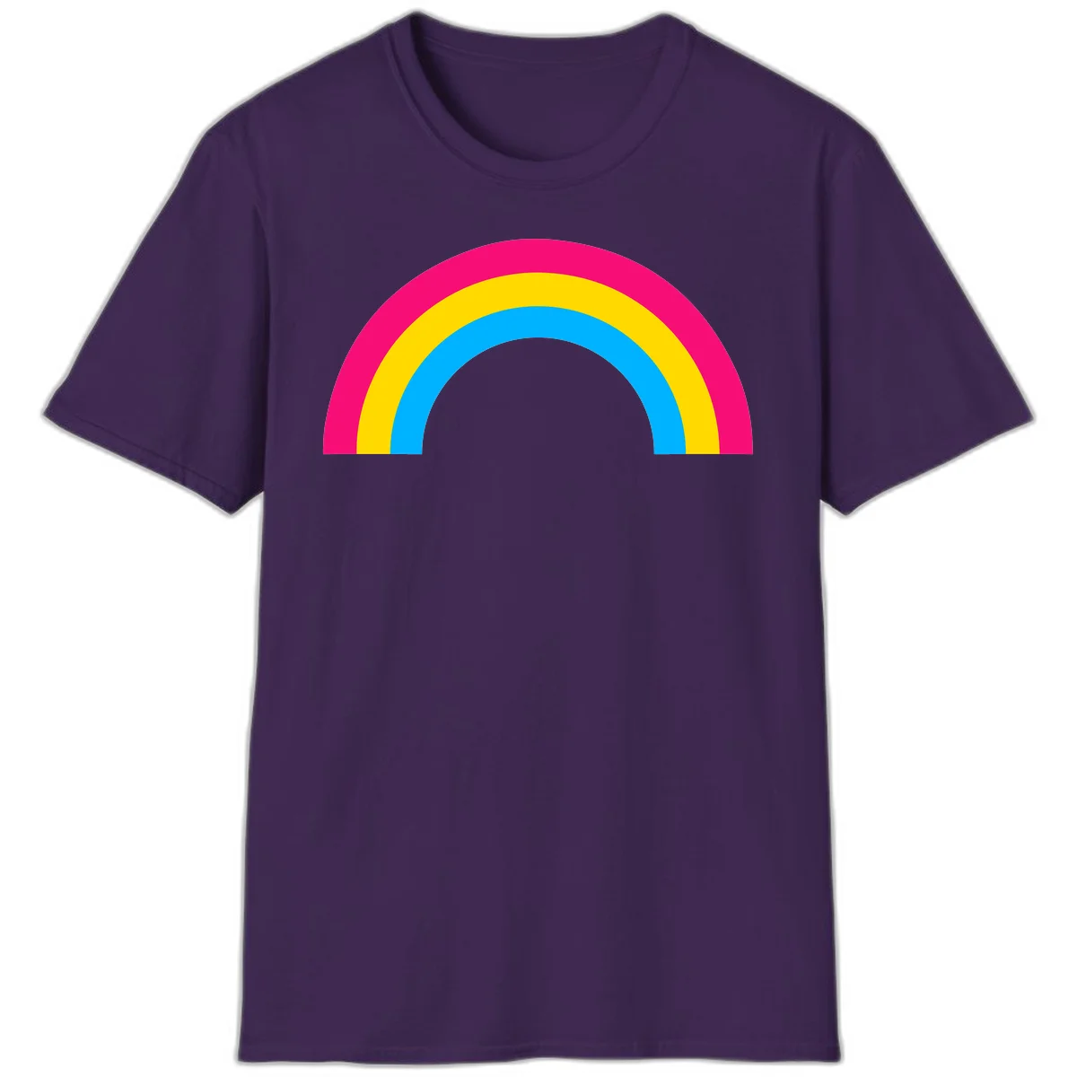 Concentric rainbow stripes in magenta, yellow, and cyan forming a classic arc design on gray background in Purple