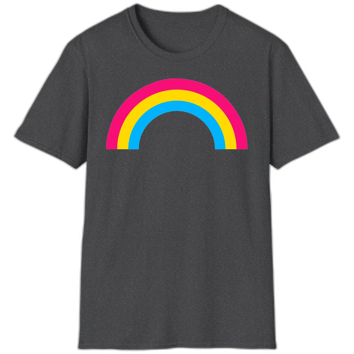 Concentric rainbow stripes in magenta, yellow, and cyan forming a classic arc design on gray background in Dark Heather