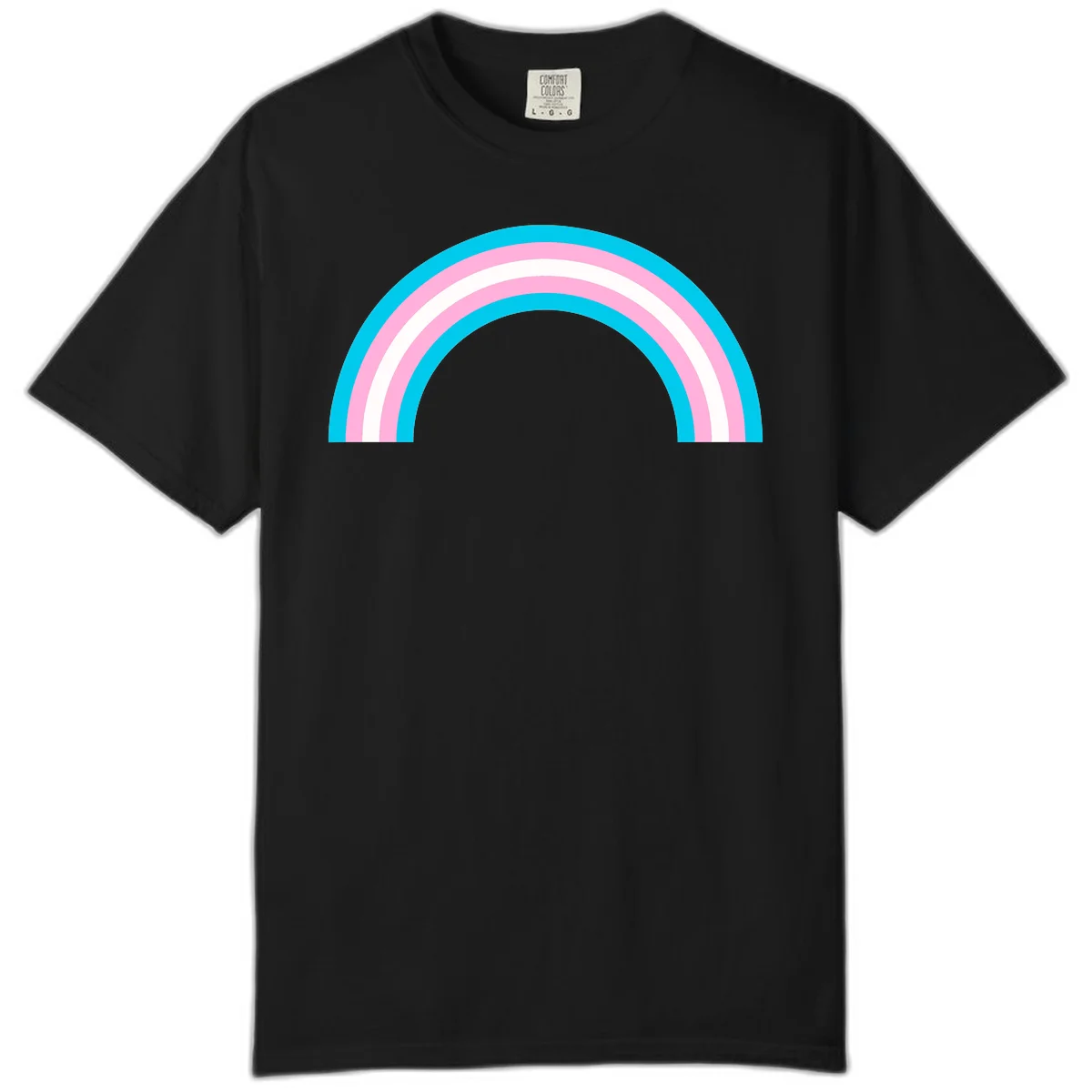 Pastel rainbow arch with five concentric curved bands in cyan, pink, and white on gray background in Black