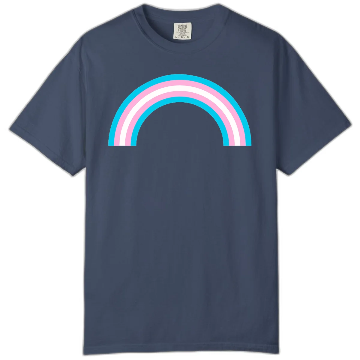 Pastel rainbow arch with five concentric curved bands in cyan, pink, and white on gray background in Midnight