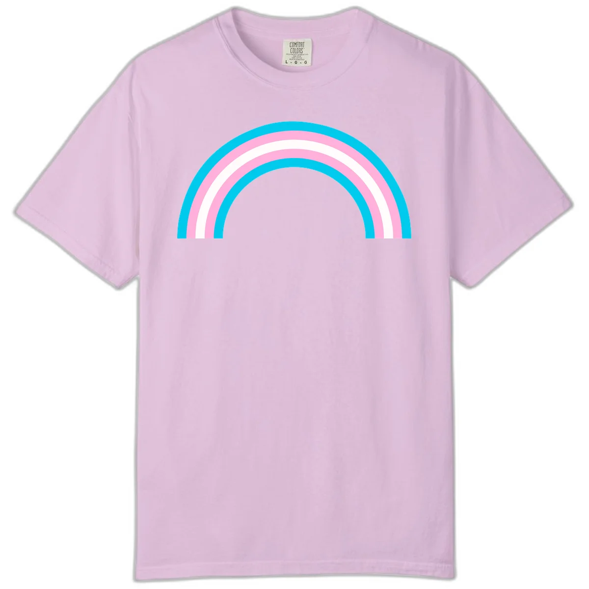 Pastel rainbow arch with five concentric curved bands in cyan, pink, and white on gray background in Orchid
