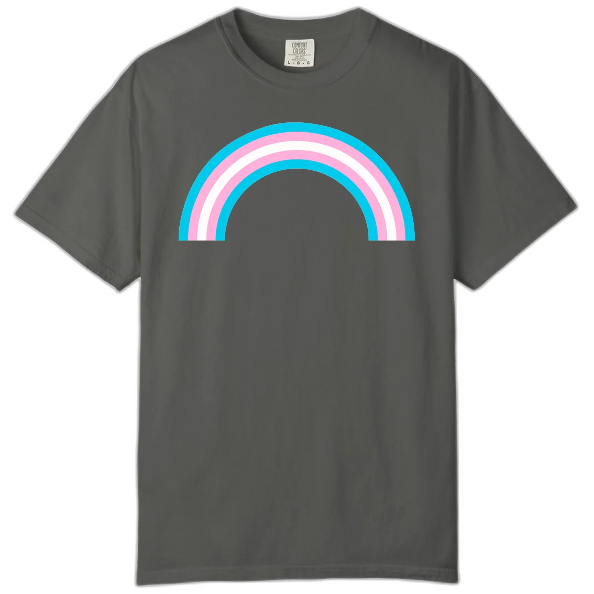Pastel rainbow arch with five concentric curved bands in cyan, pink, and white on gray background in Pepper