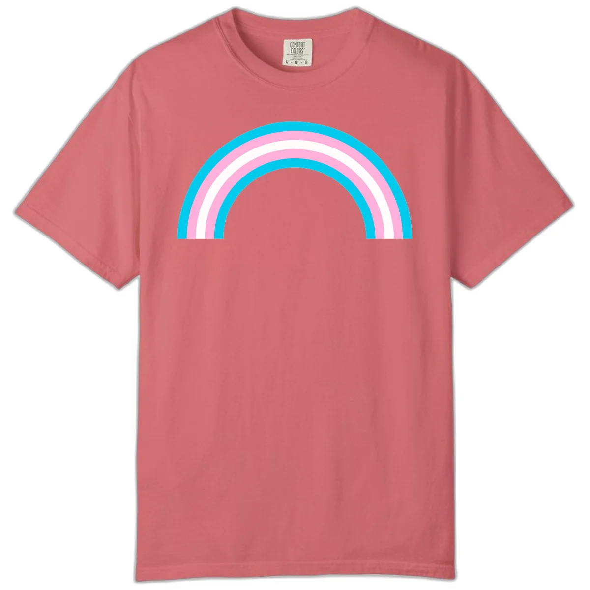Pastel rainbow arch with five concentric curved bands in cyan, pink, and white on gray background in Watermelon
