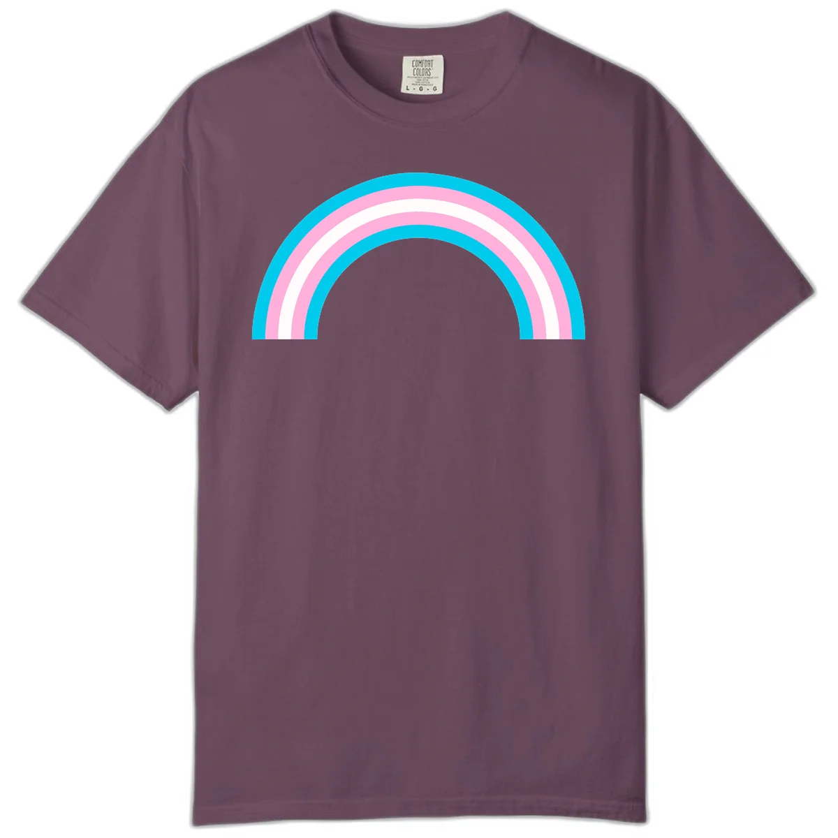 Pastel rainbow arch with five concentric curved bands in cyan, pink, and white on gray background in Berry