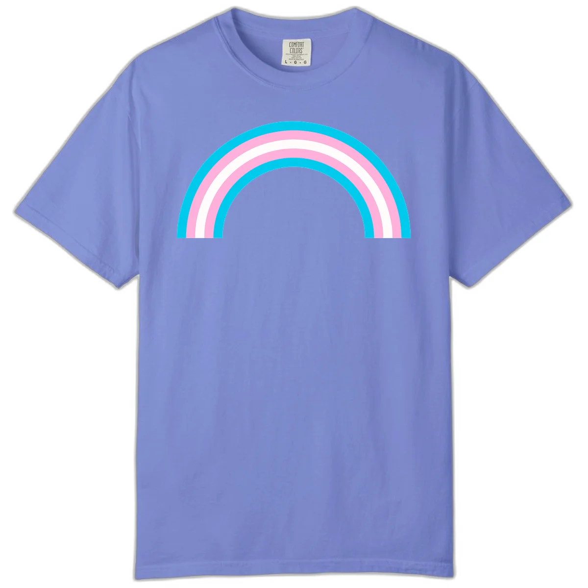 Pastel rainbow arch with five concentric curved bands in cyan, pink, and white on gray background in Flo Blue