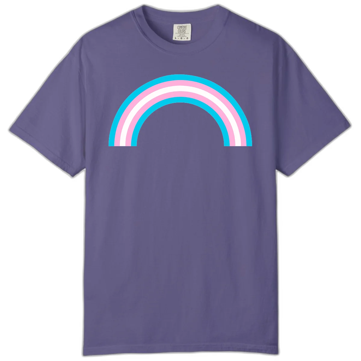 Pastel rainbow arch with five concentric curved bands in cyan, pink, and white on gray background in Grape