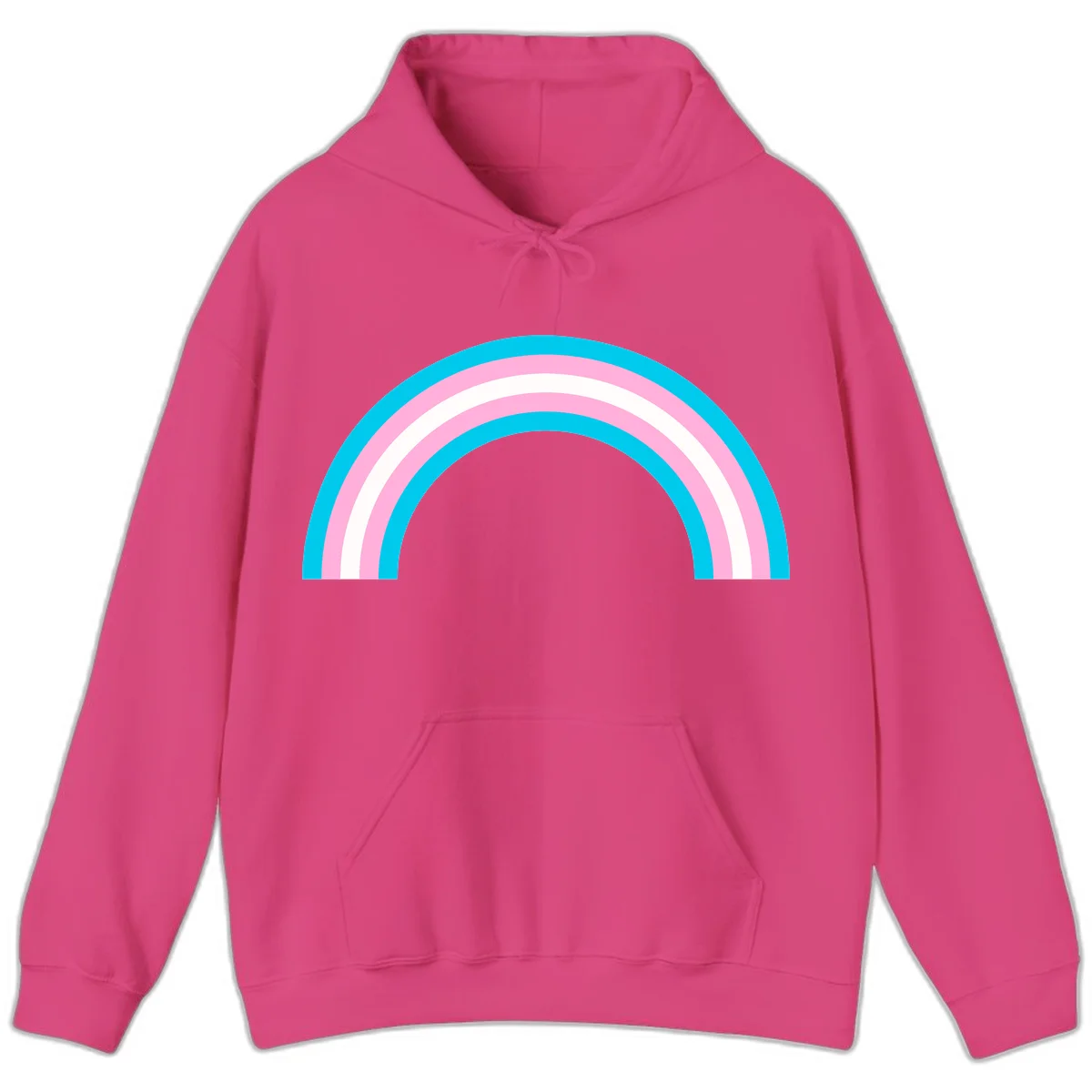 Pastel rainbow arch with five concentric curved bands in cyan, pink, and white on gray background in Heliconia