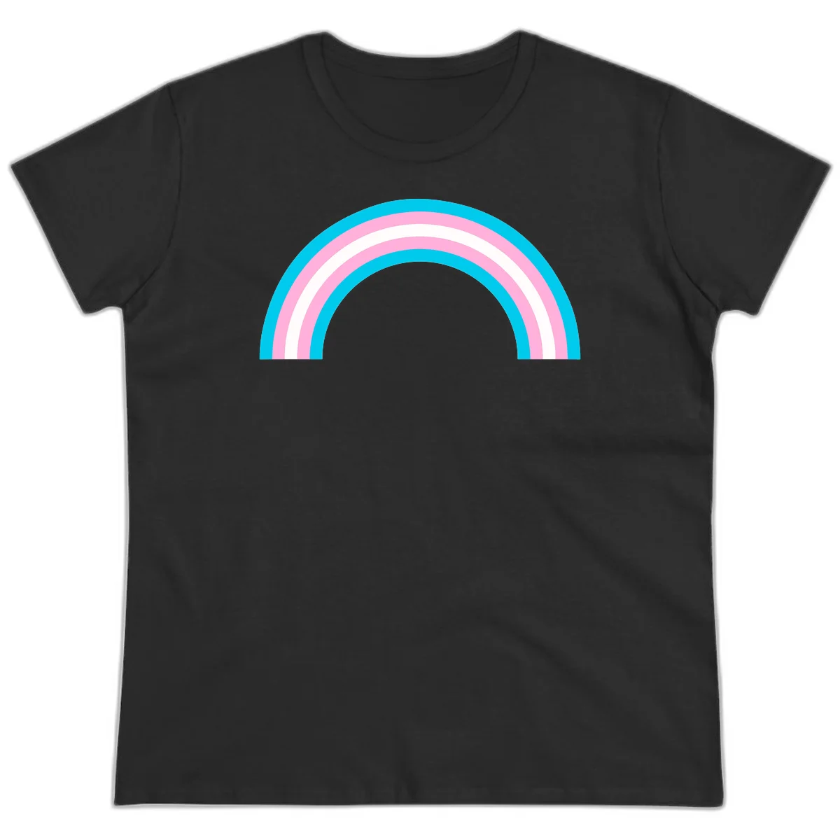 Pastel rainbow arch with five concentric curved bands in cyan, pink, and white on gray background in Black