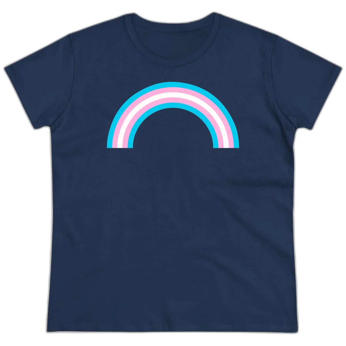 Pastel rainbow arch with five concentric curved bands in cyan, pink, and white on gray background in Navy