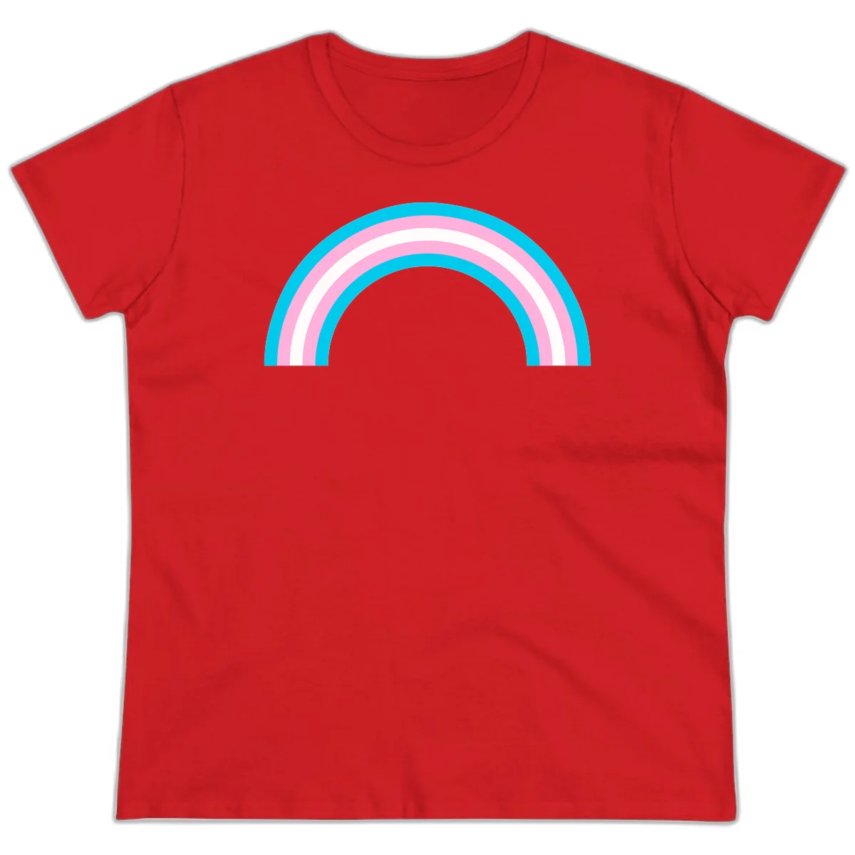 Pastel rainbow arch with five concentric curved bands in cyan, pink, and white on gray background in Red