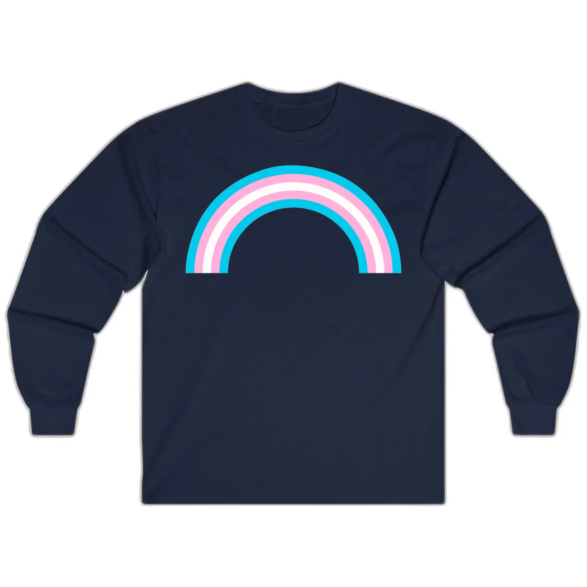 Pastel rainbow arch with five concentric curved bands in cyan, pink, and white on gray background in Navy