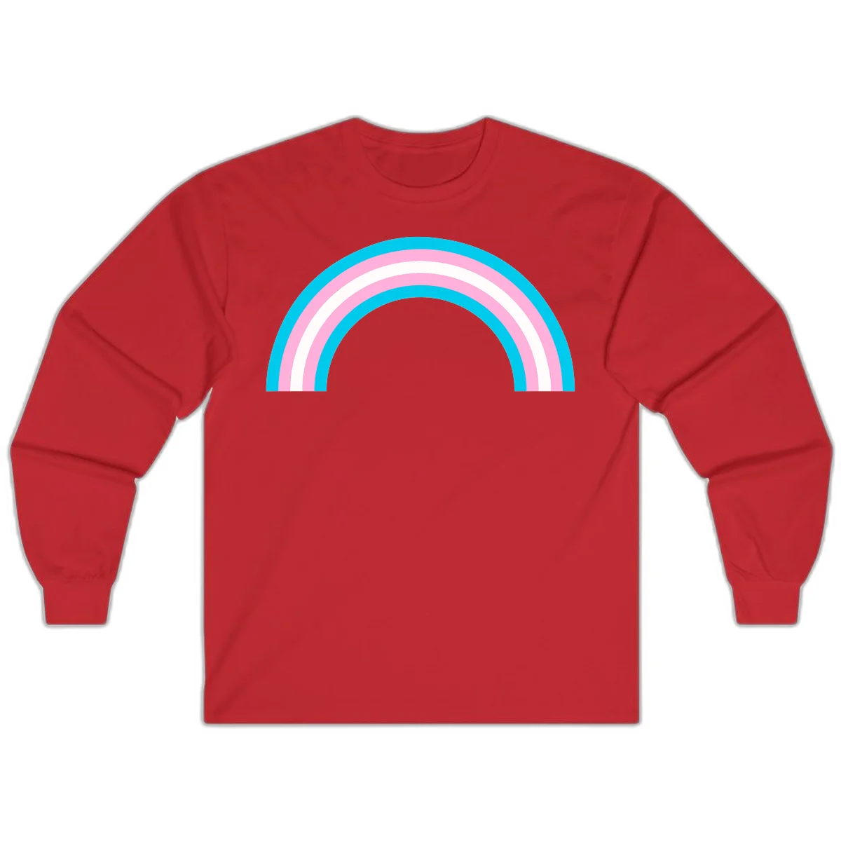 Pastel rainbow arch with five concentric curved bands in cyan, pink, and white on gray background in Red