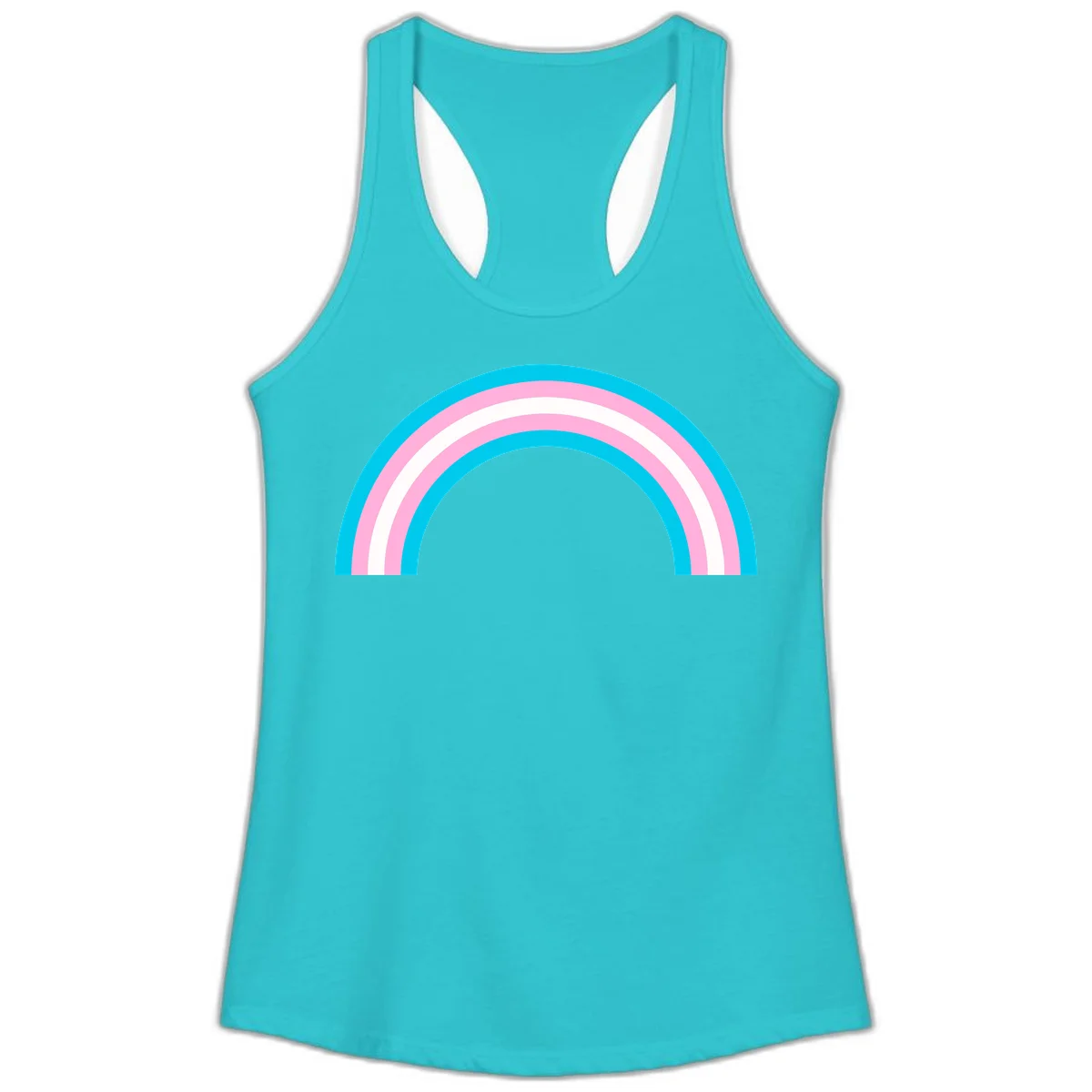 Pastel rainbow arch with five concentric curved bands in cyan, pink, and white on gray background in Solid Tahiti Blue