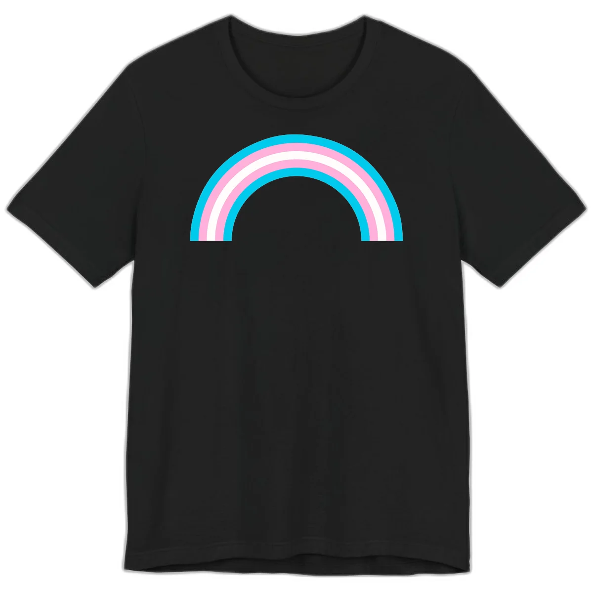 Pastel rainbow arch with five concentric curved bands in cyan, pink, and white on gray background in Black
