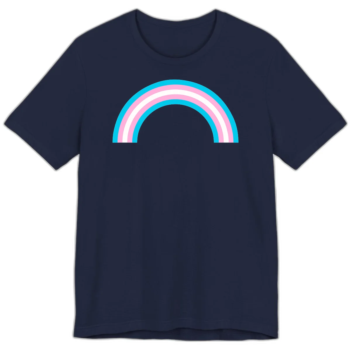 Pastel rainbow arch with five concentric curved bands in cyan, pink, and white on gray background in Navy
