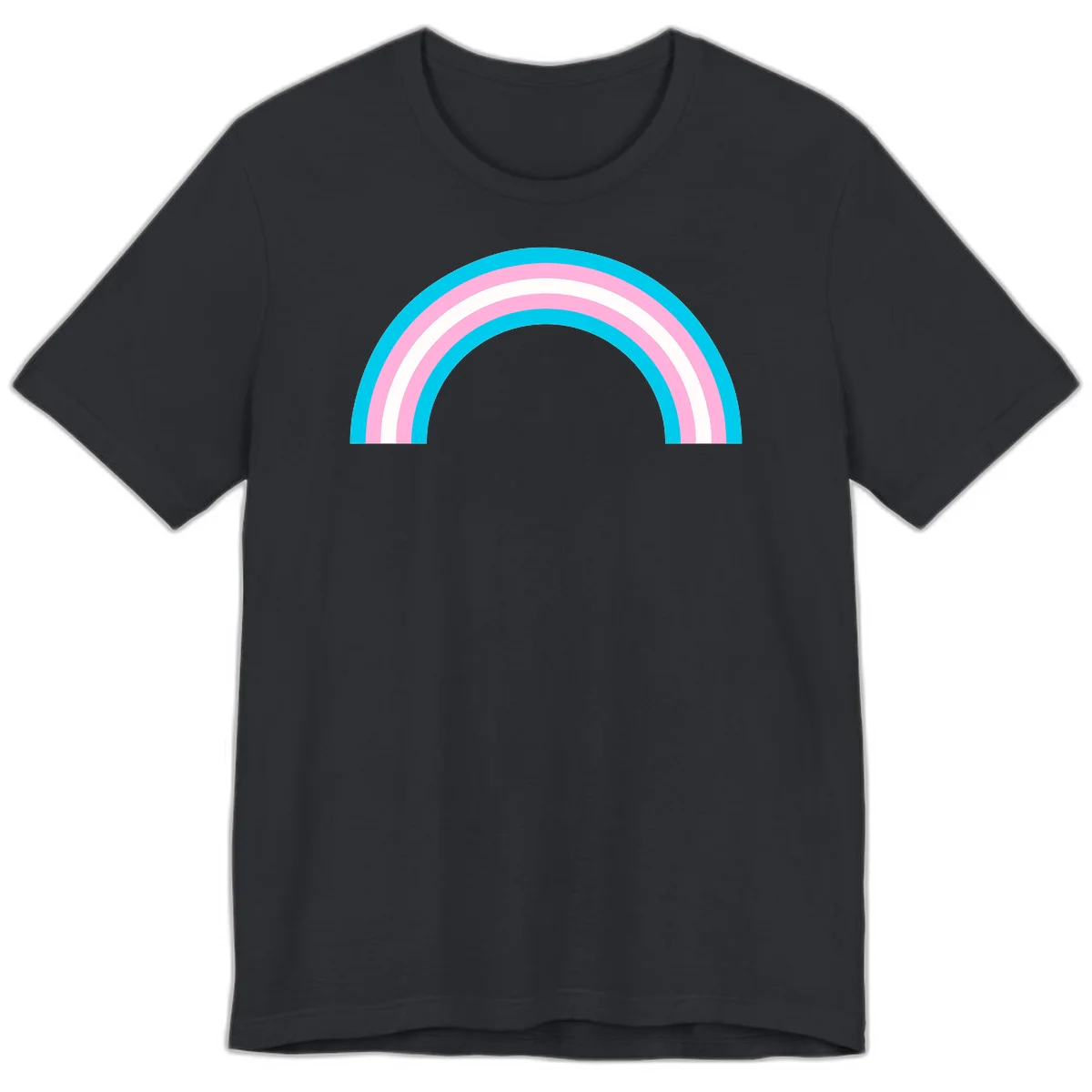 Pastel rainbow arch with five concentric curved bands in cyan, pink, and white on gray background in Vintage Black